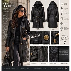 Vintage Winlet Black Genuine Leather Hooded Coat L Drawstring Waist Long Parka